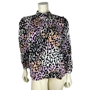 Veronica Beard Silk Lety Leopard Print Top Size 10 Long Sleeve Mock Neck Pintuck